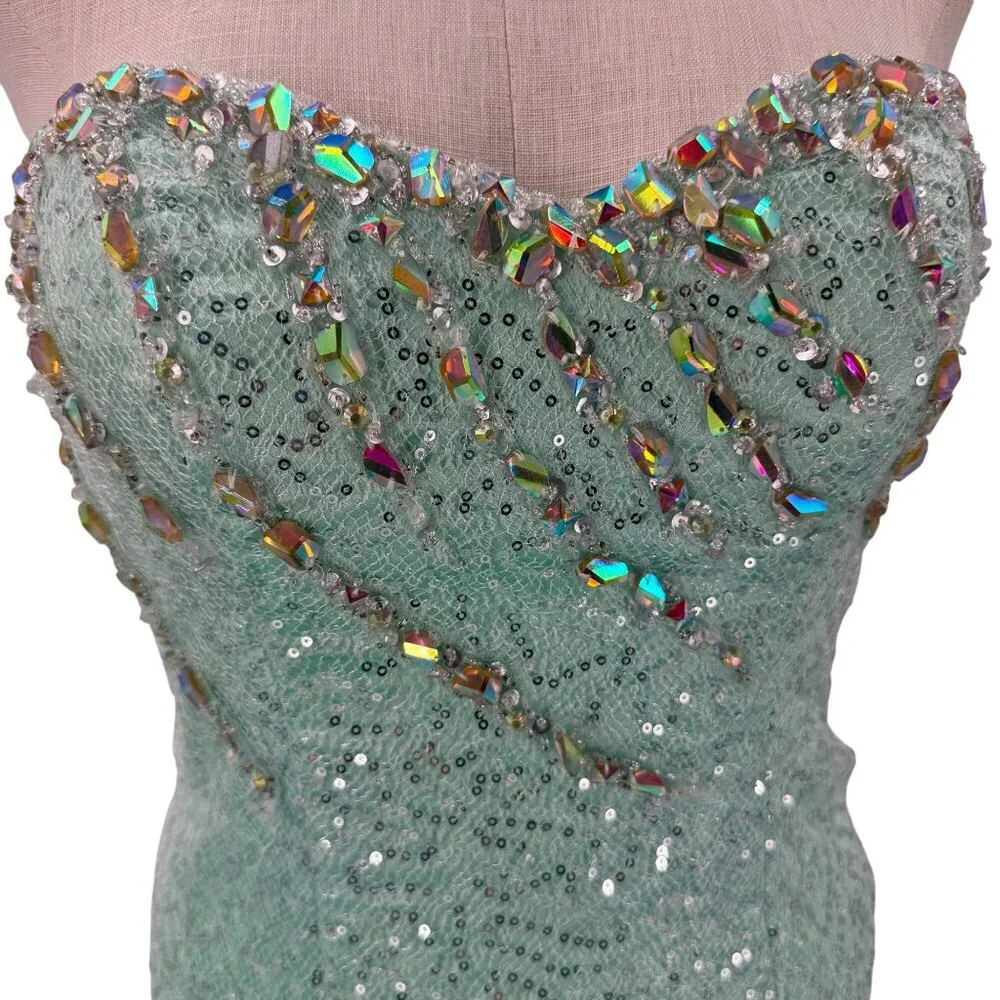 MacDuggal Sea Foam Jeweled Striped Strapless Corset Ruffled Gown - Picture 3 of 8